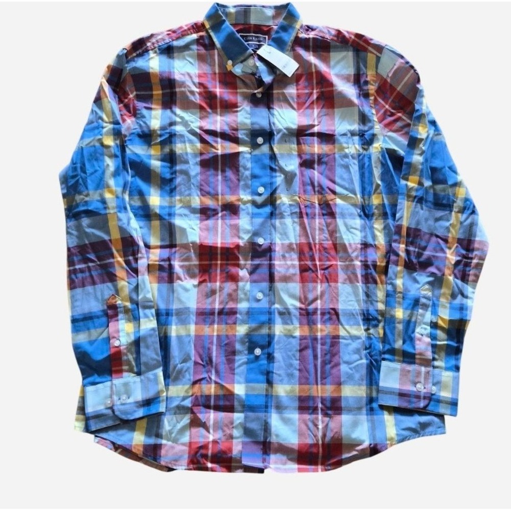 NWT Club Room Mens Large LS Fash Poplin Plaid Button Down Shirt Shallow Blue‎